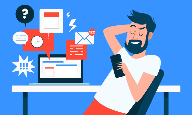 مردی کارتونی که گوشی به دست گرفته و کارش را نادیده می‌گیرد و در واقع اهمال کاری می‌کند