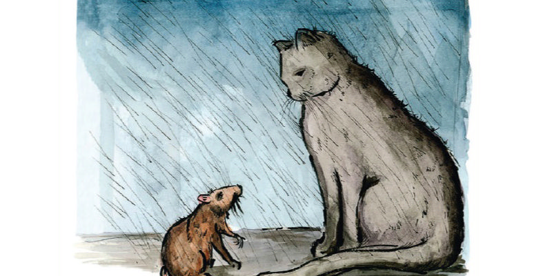 کارتون گربه و موش صحرایی از کتاب گربه‌ای که ذن یاد می‌داد