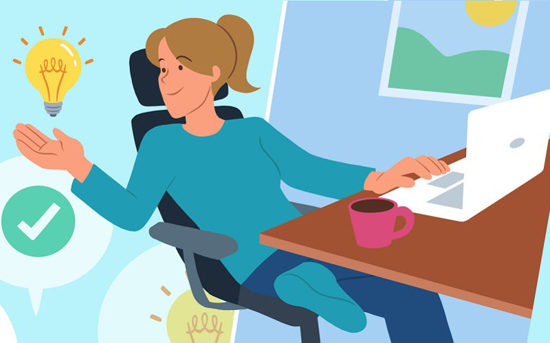 زن جوانی که با انگیزه مشغول انجام کار پشت میز است