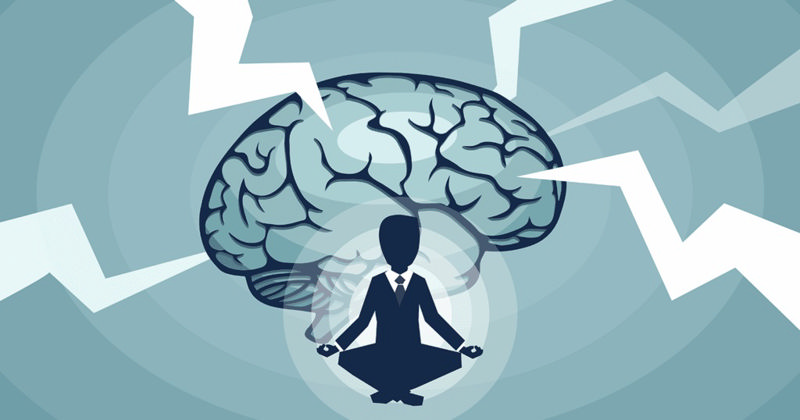 کارتونی از یک مرد که پشت سرش تصویر یک مغز قرار دارد