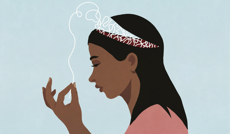 دختری که در حال بیرون کشیدن رشته‌های افکار از سرش است