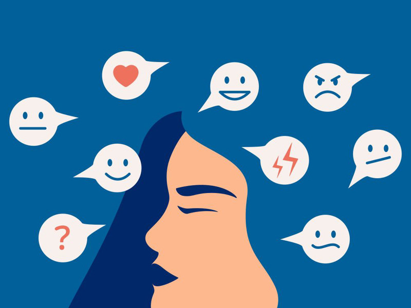 دختری که وسواس فکری به صورت شکلک‌های مختلف دور سرش می‌چرخد