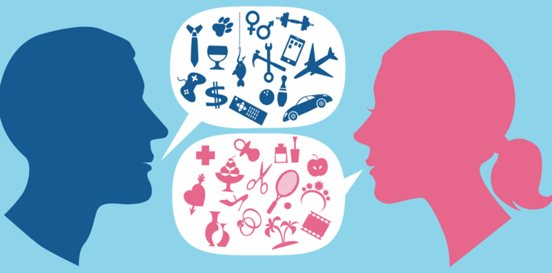 کارتونی از دو سر زن (صورتی) و مرد (آبی) در حال ارتباط برقرار کردن