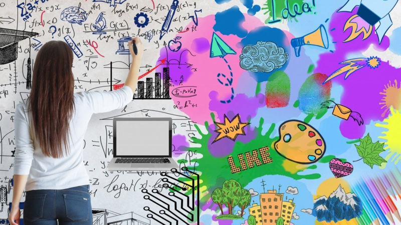 زنی از پشت سر که بر روی دیواری نقاشی می‌کشد و خلاقیت به خرج می‌دهد