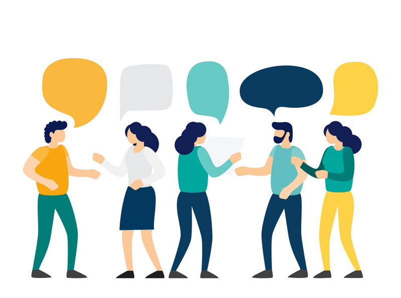 کارتونی از مکالمهٔ مختلف زنان و مردان که کادر مکالمه بالای سرشان کشیده شده است