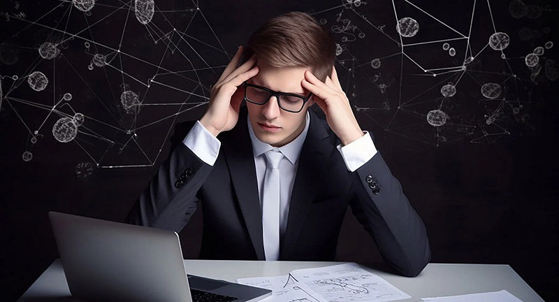 مردی با کت و شلوار مشکی و عینک، که روبه‌روی لپ‌تاپ نشسته و سعی دارد استرس و فکروخیال را از خودش دور کند.