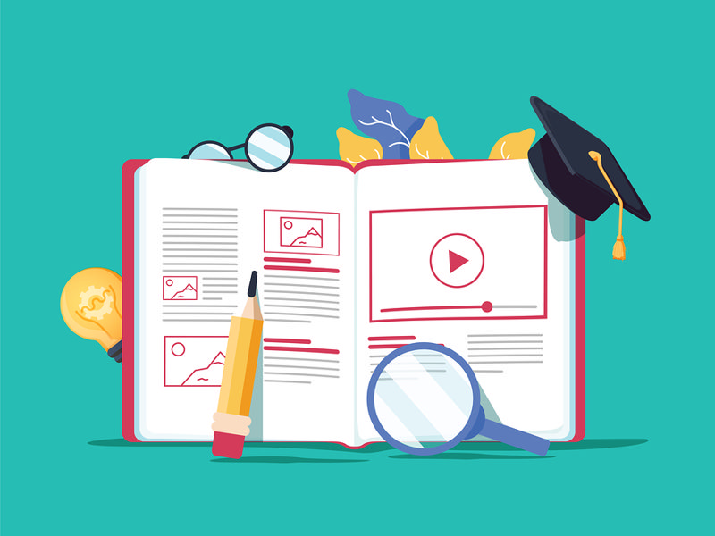 یک کتاب کارتونی که بر روی آن ویدیو و محتوای ویدیویی و آموزش، ذره‌بین و مداد نشان داده شده است