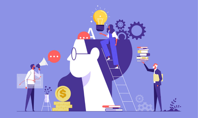 کارتونی از سر یک زن به رنگ بنفش که کسانی برای یادگیری بر روی آن مشغول به کار هستند