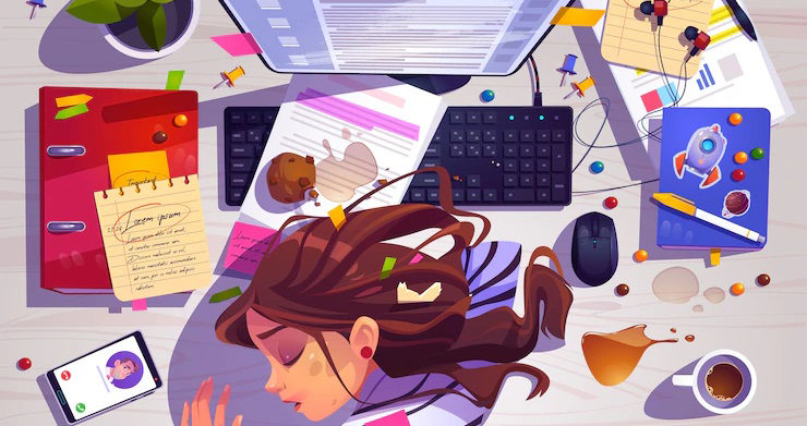 کارتونی از دختری که سرش را روی میز گذاشته است