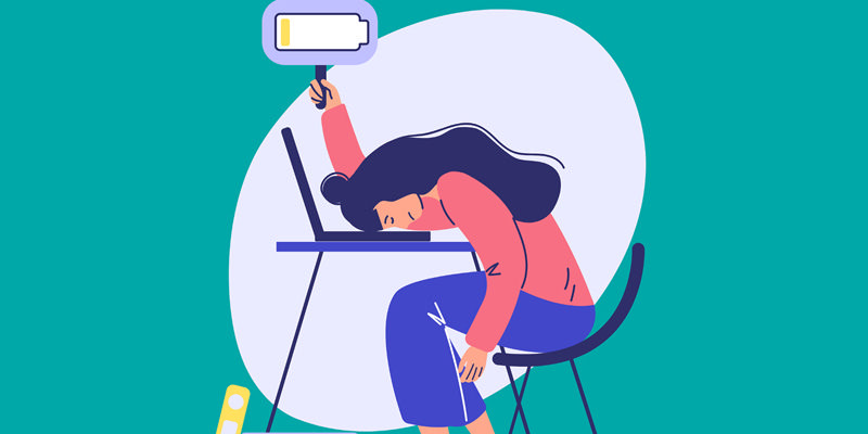 کارتونی از دختری که دچار فرسودگی شغلی شده و یک باتری که نشان می‌دهد انرژی‌اش به صفر رسیده است