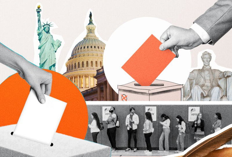 دستی که با برگی نارنجی رای میدهد، مجسمه آزادی