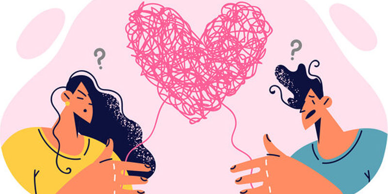 کارتونی از دو نفر که با نخی قلبی صورتی ساخته‌اند