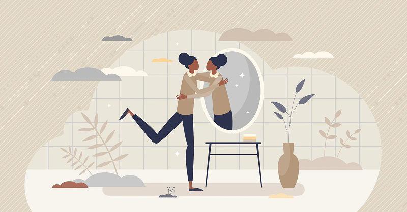 بازتاب یک زن که خودش را در آینه بغل کرده است، تصویر کارتونی